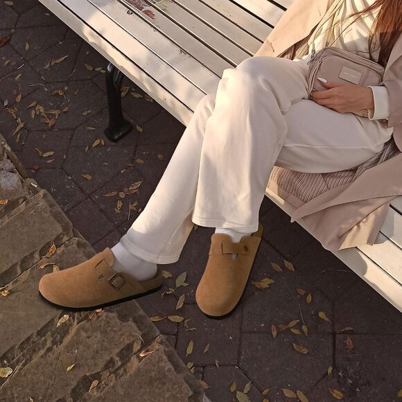 Women's Brown Genuine Suede Clogs Soft Footbed Leather Comfort Slip On Shoes - Picture 2 of 6